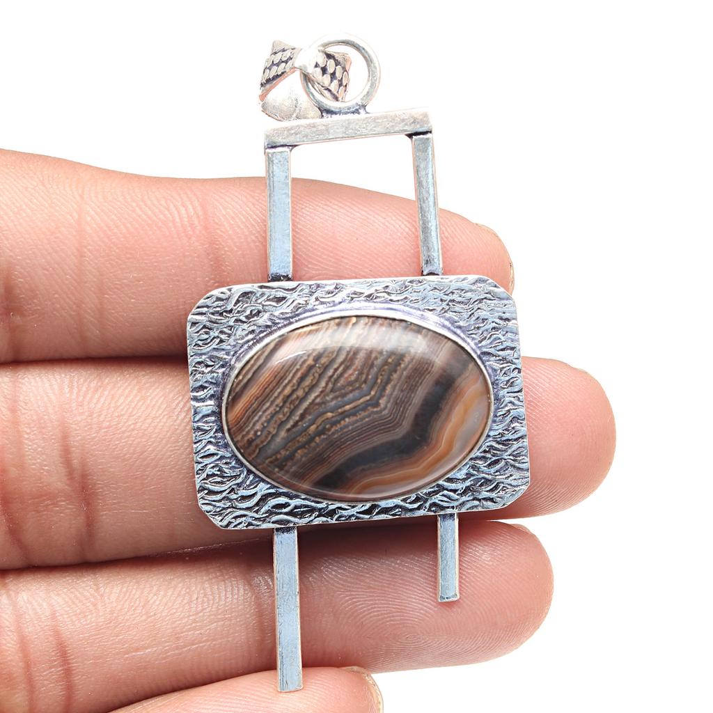 Pendant Banded Agate Gemstone Handmade Gift For Her Silver Jewelry 2.75"