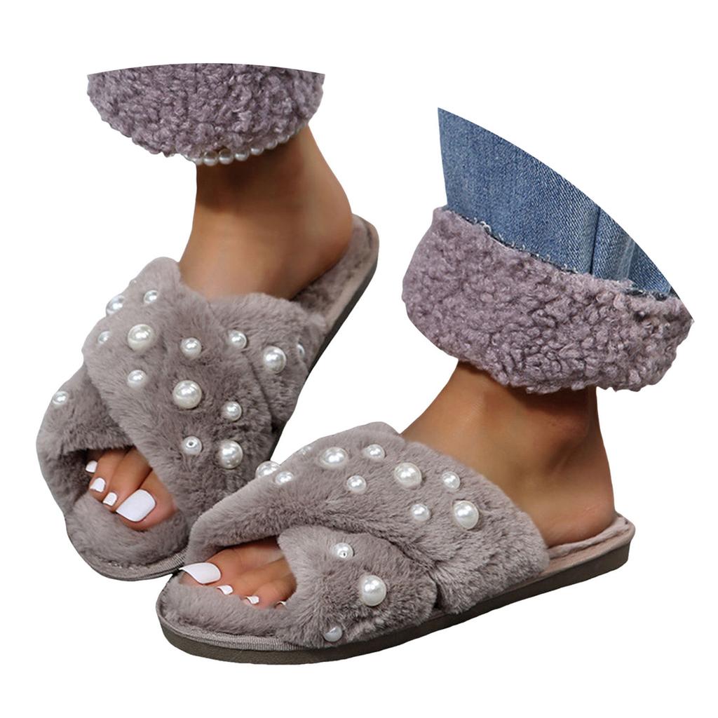 Ladies Furry Slippers Women Flat Bottom Home Indoor Slippers Warm Pearl Floor Furry Slippers Cotton Holiday Slippers for Women