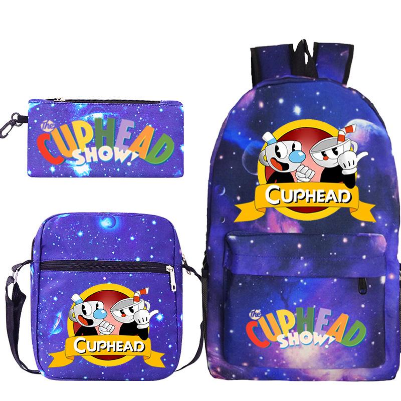 Cartoon Teacup Head Cuphead Student School Bag Backpack Three-piece Set Children's Shoulder Bag Pencil Bag