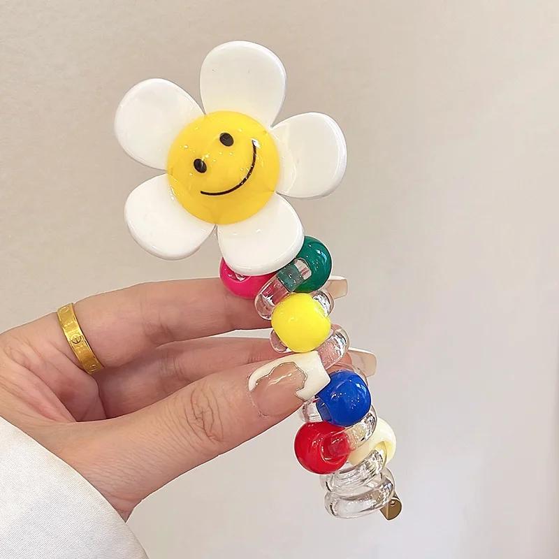 1PC New Lovely Beaded Big Flowers Elastic Spiral Hair Rope Head Rope Ponytail Hair Ring Rubber Band Headdress For Kids