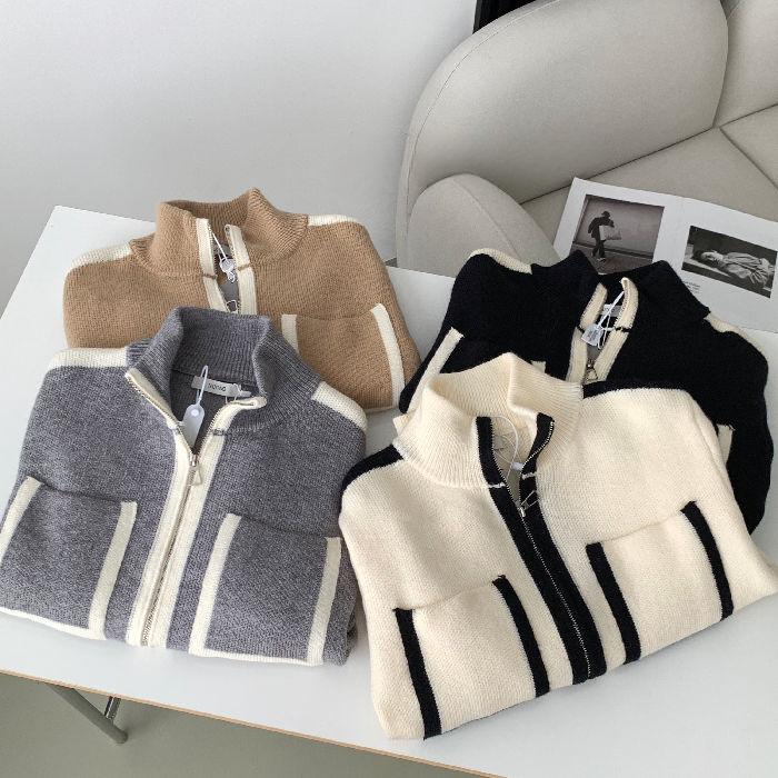 Women's Double-head Zipper Knitted Cardigan Pocket Contrast Loose Knit Sweater Stand Collar Cardigan Jacket Knitted Coat  Top