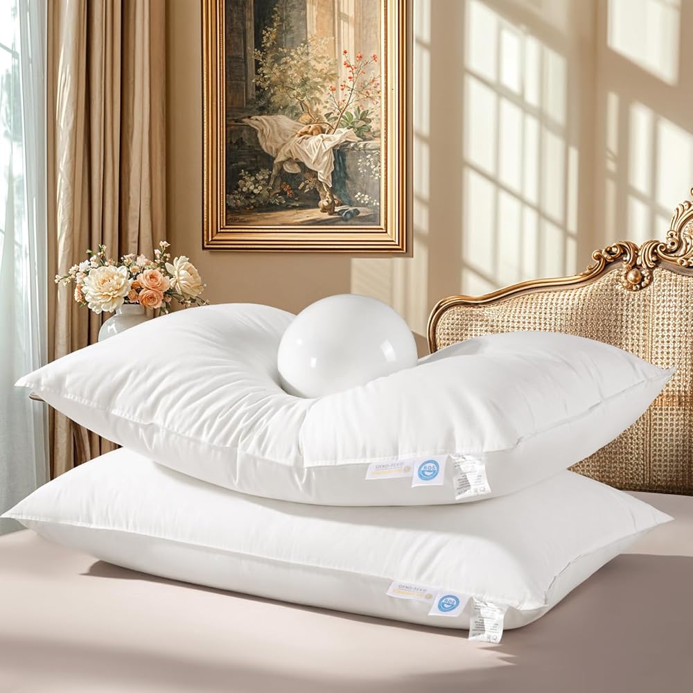 2pcs 90% Goose Feather Down Pillows, Hotel Pillows for Sleeping, Breathable Cotton Cover, Fluffy Support Back, Stomach Sleepers
