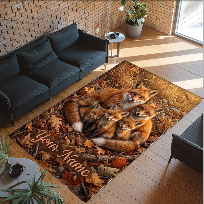 Fox Theme Crystal Velvet Floor Rug Personalized Custom Name Text Warm Carpet Home Decoration
