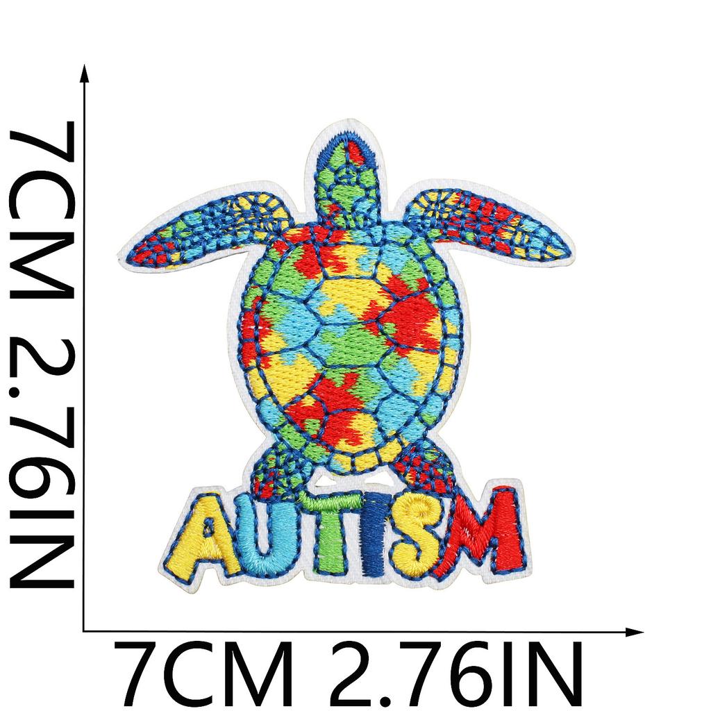 Färg pussel broderi tyg klistermärke liten dinosaurie dator broderi etikett tecknad sköldpadda autism kampanj patch klistermärke strykning