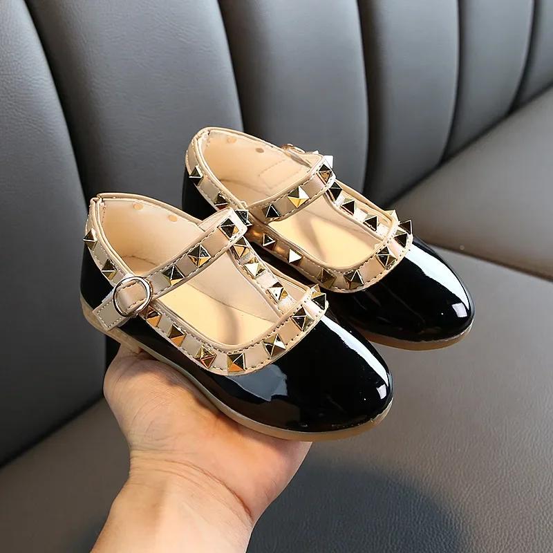 

2025 New Spring Summer Autumn Design Kids Leather Shoes Rivets Girls Shoes Princess School Toddler Mary Jane Dress Shoes 21-insole 13.5cm чёрный