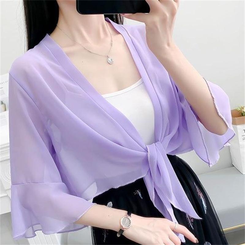 FEI JUN Chiffon Effen Kleur Vest, Zomer Sjaal Los Elegante Blouse, Dames Dunne Zonwerende M Fit 40-55KG paars