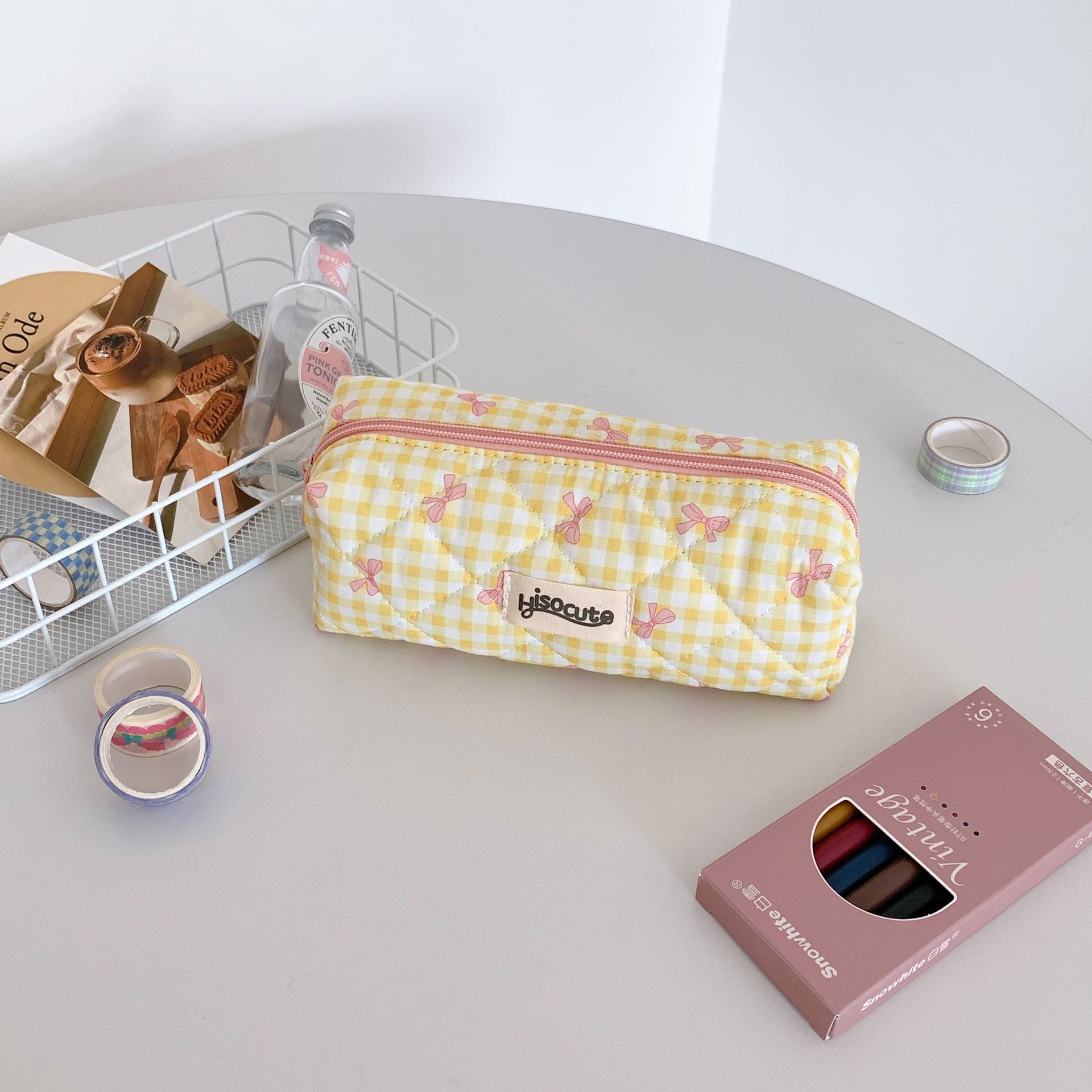 Ins стильная мультяшная клетчатая сумка для ручек с бантом для девочек, большая вместительная сумка для хранения канцелярских принадлежностей, студенческая милая сумка-карандаш