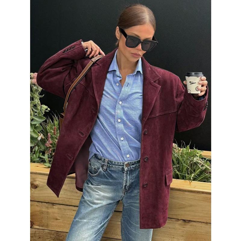 Jesień Zima Vintage Wykładany Kołnierz Zamszowa Tkanina Blezery Kobiety Luźny Casual Jednolity Kolor Pasujący do Wszystkiego Top Garniturowy