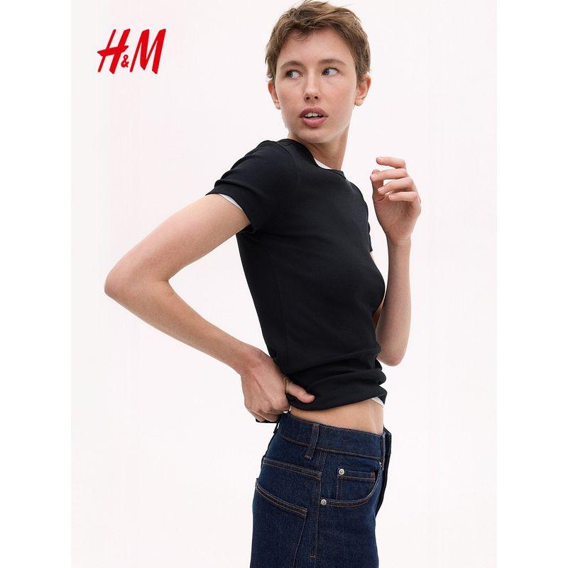 

Женская футболка HM 2025 Лето Новая Мода Приталенный крой Короткий рукав Узкий вырез Прямой низ Топ 1260556 Black 150/76(XXS)