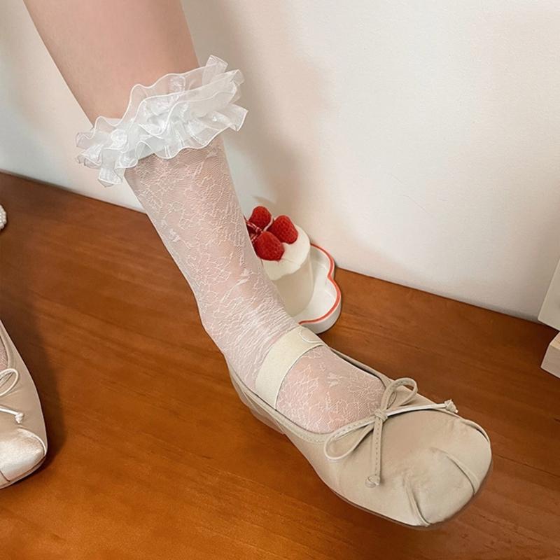 Womens Ruffle Socks Cute Lolitas Crew Socks Frilly Dress Socks Girls Turn-Cuffs High Ankle Socks Sheer Lace Mesh Socks