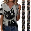 Damen Casual V-Ausschnitt Kurzarm Knopfleiste Oberteil Halloween Katzenprint Leichter Pullover Shirt