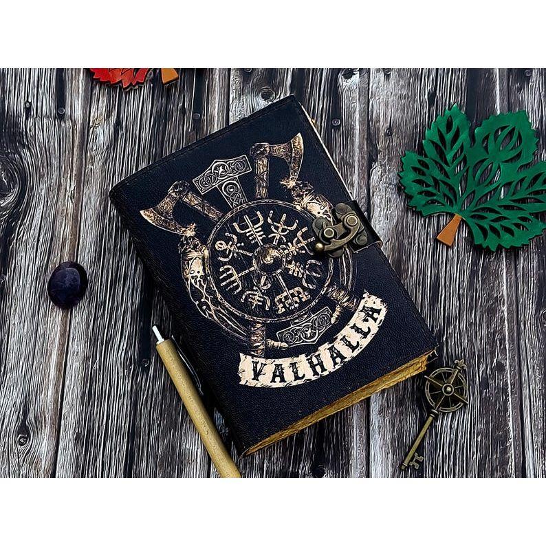 Handmade Leather Journal Valhalla Viking Vegvisir Journal For Traveling Sketchbook Blank Notebook For Men Women Birthday