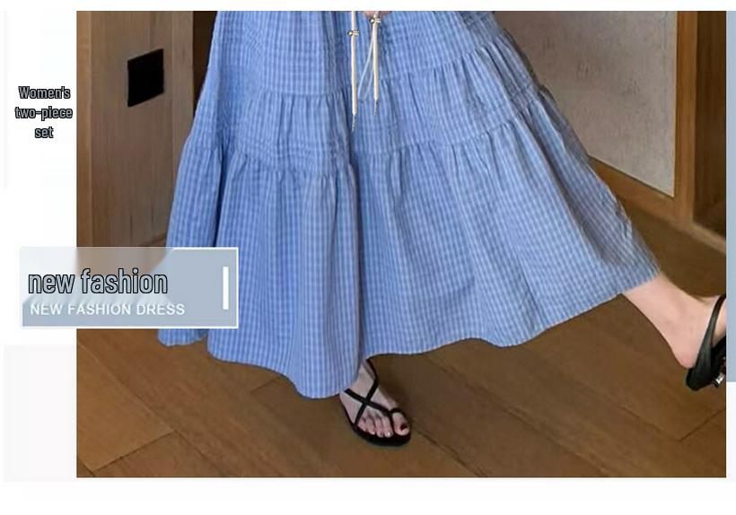 Maternity Summer 2026 Sweet Spicy Mom Cartoon T-shirt & Plaid Skirt Set