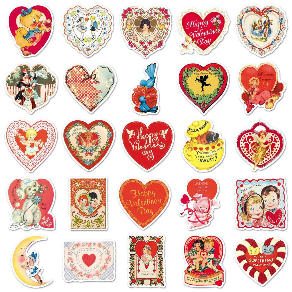 50 Sheets Retro Valentine's Day Stickers: Cartoon Hearts & Romantic Graffiti for Journals & Storage Boxes
