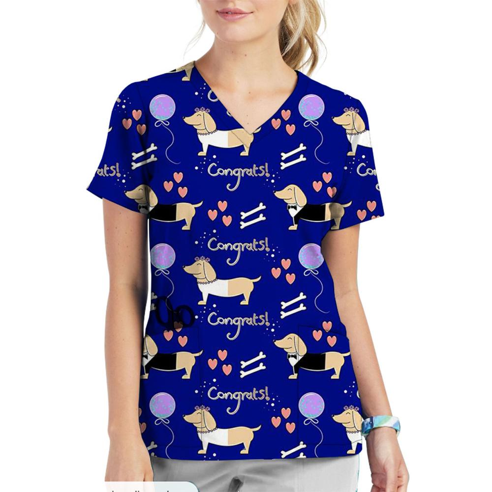 Krankenschwester Uniform V-Ausschnitt Cartoon Katze Hund Muster Bedruckte Oberteile Kurzarm Taschen Damen T-Shirts