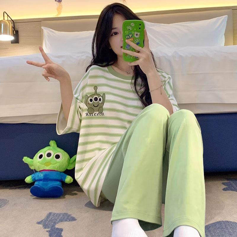 Spring and autumn summer pure cotton pajamas women's short-sleeved trousers round neck pullover cartoon bear imitation cotton women's loungewear suit