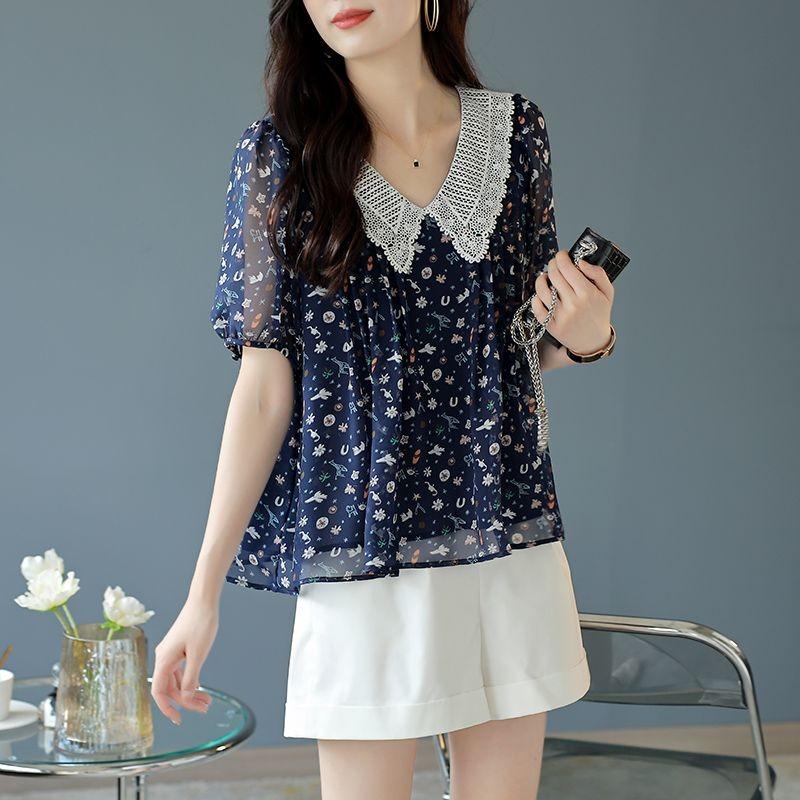 navy blue floral printed v neck lace trim puff short sleeve chiffon blouse for women