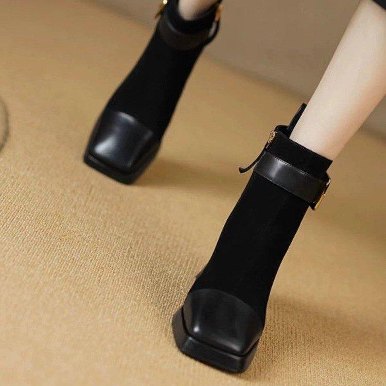 Autumn and Winter High-heeled Cow Suede Boots Women Square Head Side Zipper Buckle Belt Buckle Skinny Boots Chunky Heel Short Boots
