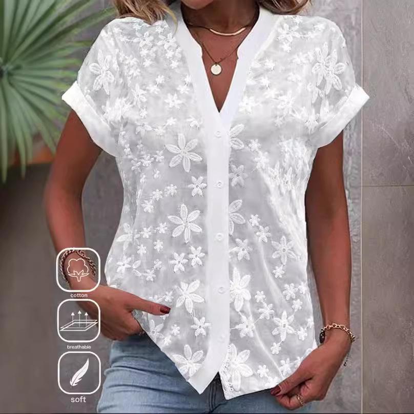 Women's Summer Casual V-Neck Solid Color Blouse