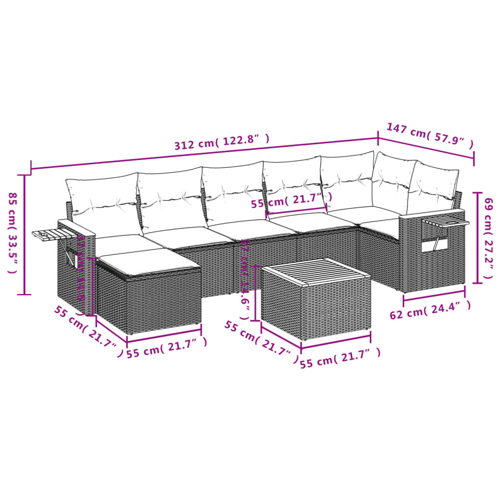 Vidaxl 8-Cz. Garden Furniture Set With Cushions, Grey, Poly Rattan
