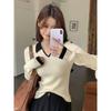 Korean Color Block Polo Collar Long Sleeve Sweater for Women - Winter Slim Fit Base Layer