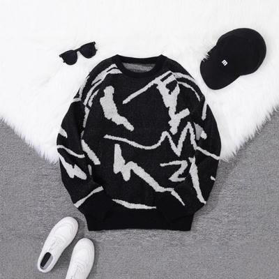 Unisex Oversized Knit Sweater With 3D Graphic Print Loose Fit Round Neck Long Sleeve Winter Streetwear