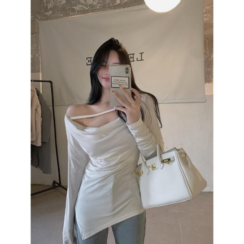 Sexy Slim Fit Off Shoulder Long Sleeve T-Shirt Women Pure Color Daily Casual Top