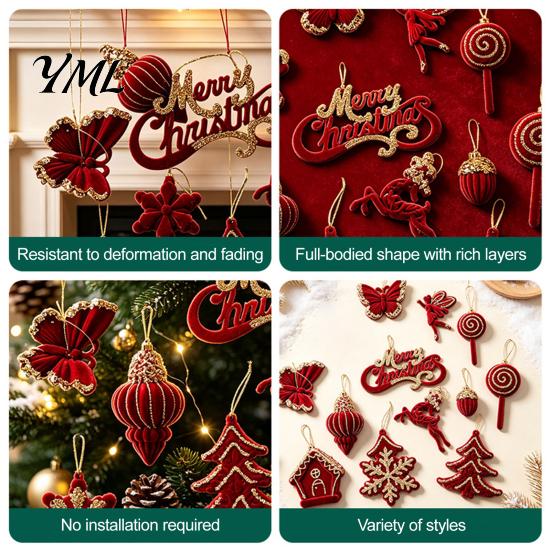 Indoor Christmas Tree Ornament Set Flocked Ornaments with Gold Edging, Retro Red Velvet Hanging Soft Flocking Fabric Holiday Decor Decoration,