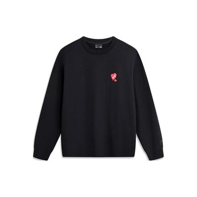 Lining Sports Lifestyle Series Heart Solid Color Casual Knit Crew Neck Pullover Sweatshirt Women Sweatshirt Black AWDU790-1