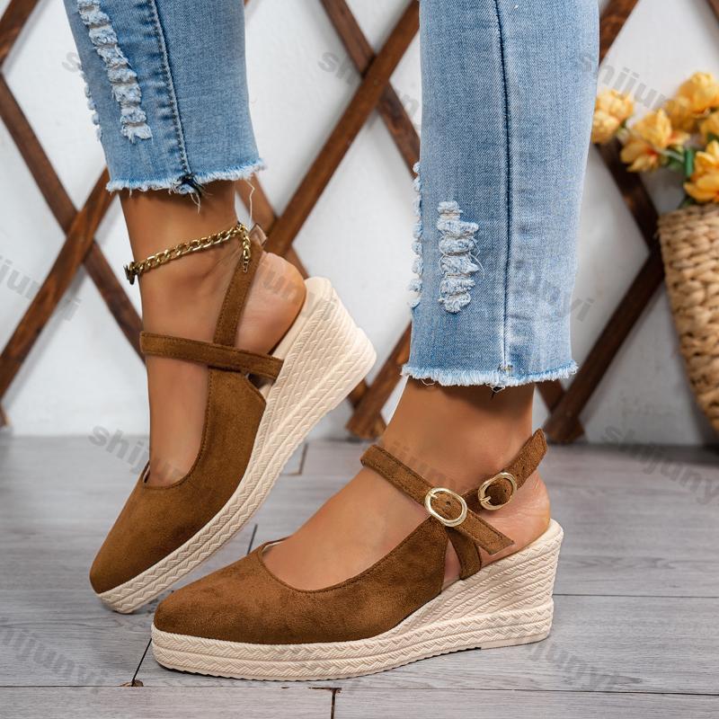 Women's Woven Wedge Thick Heel Sandals Female Platform Sandals Spring New Suede High Heel Pointed Strap Fashion Thick Sole Shoes