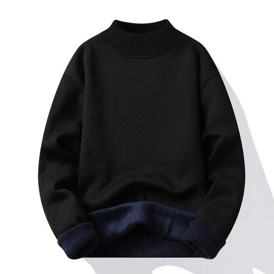 Men Fall Winter Sweater Thick Plush Lined Half-high Collar Knitted Solid Color Elastic Pullover Loose Keep Warm Work School Sweater