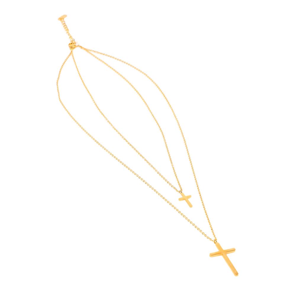 Cross Necklace Titanium Steel Simple Double Layers Gloosy Comfort Sweater Necklace for Belief Gold