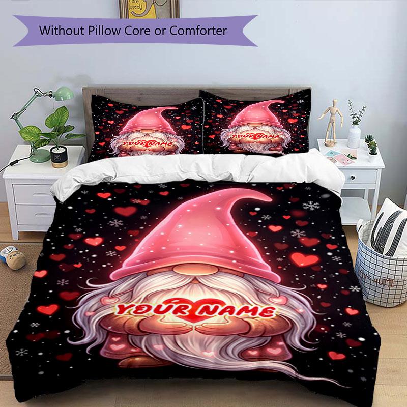 3PC Custom Name Love Gnome Art Bedding Set Duvet Cover Closure Includes 1 Duvet Cover & 2 Pillowcases for Bedroom