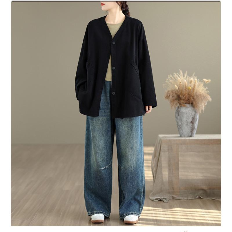 DIMANAF New Plus Size Autumn Women Coat Basic Long Sleeve Jackets Vintage Casual Loose Outerwear Cotton