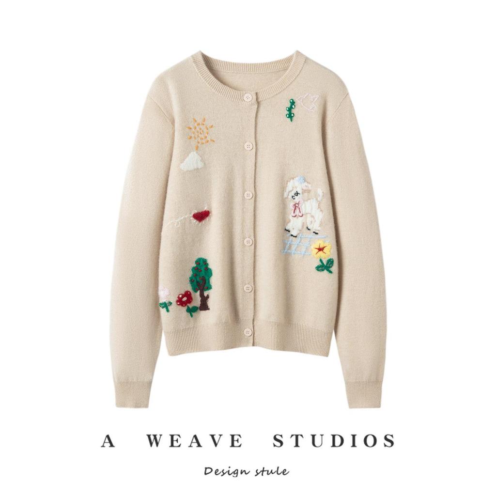 2026 Autumn/Winter Women's Cashmere Embroidered Round Neck Cardigan - Loose, Thick Knitwear Sweater Top