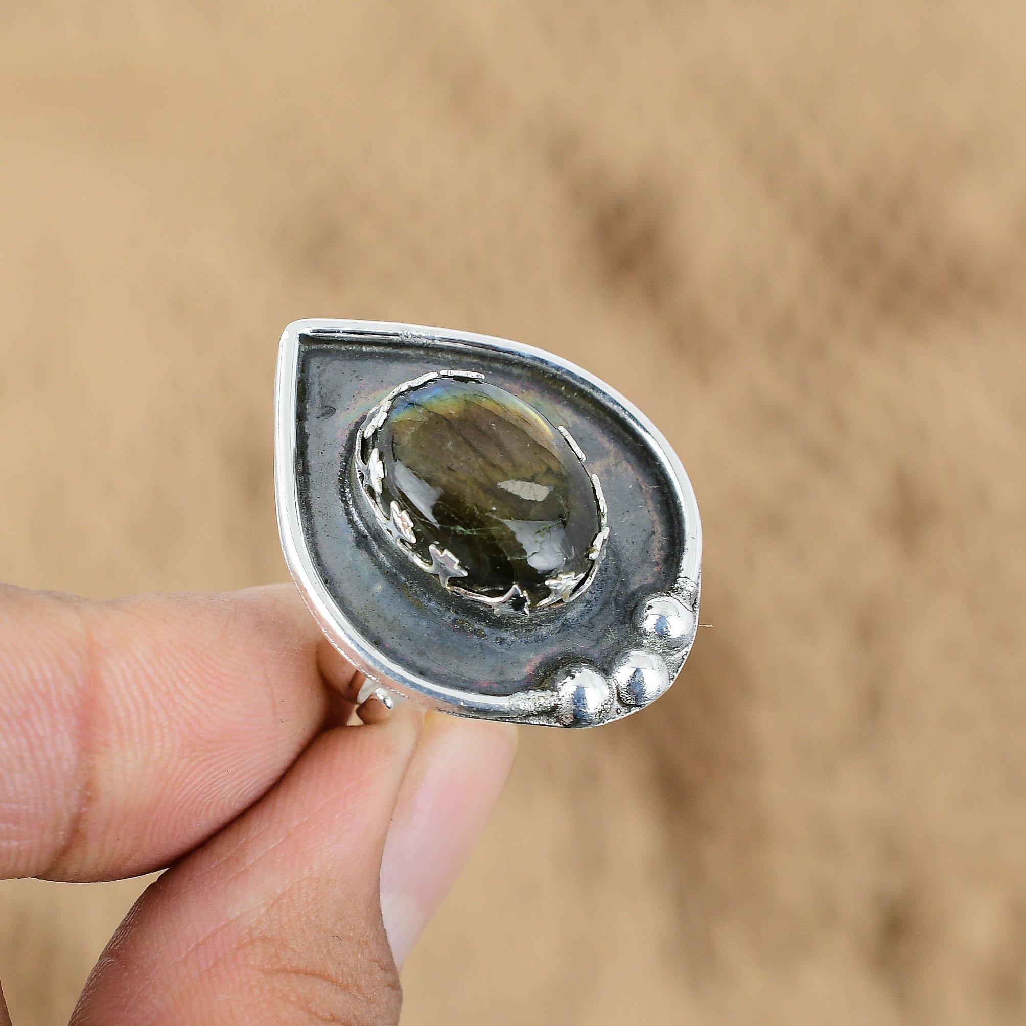 

Natural Labradorite Gemstone Promise Blue Adjustable Ring 925 Sterling Silver Yes