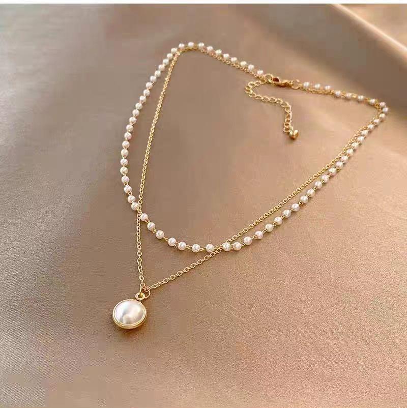 Stacked with double-layer imitation pearl necklace, women s summer new trendy niche design, exquisite Japanese and Korean collarbone chain