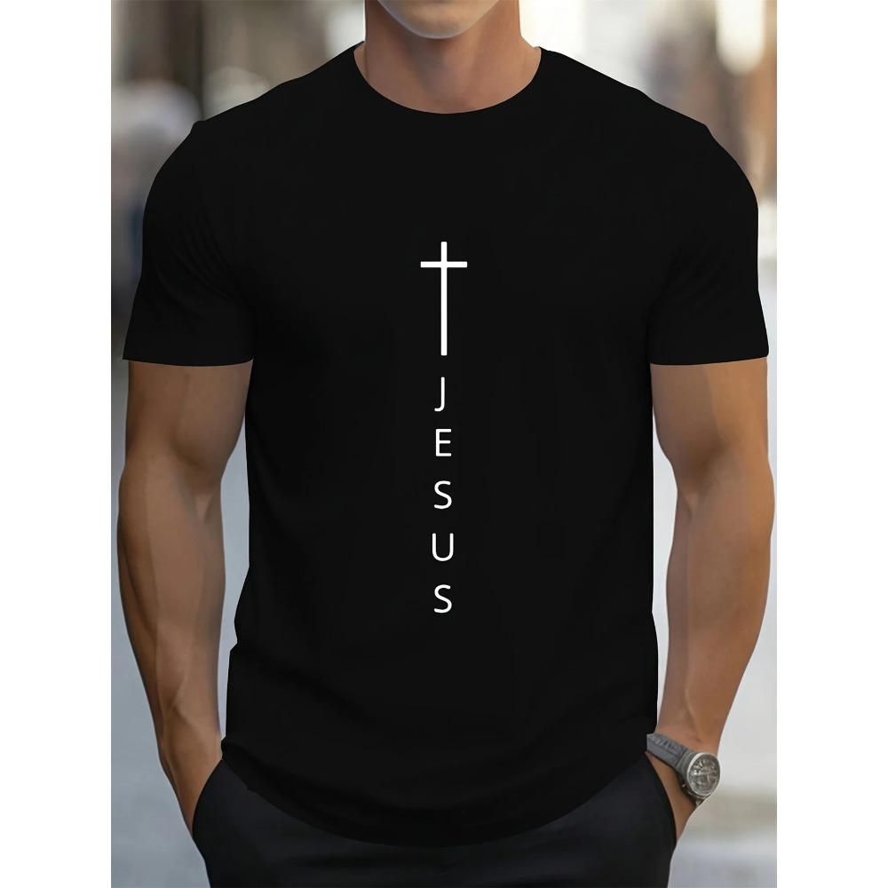 Camiseta Esportiva Masculina de Verão 100% Algodão Moda Casual Solta Estampa Grande de Cruz e Letras de Jesus Gola Redonda Manga Curta