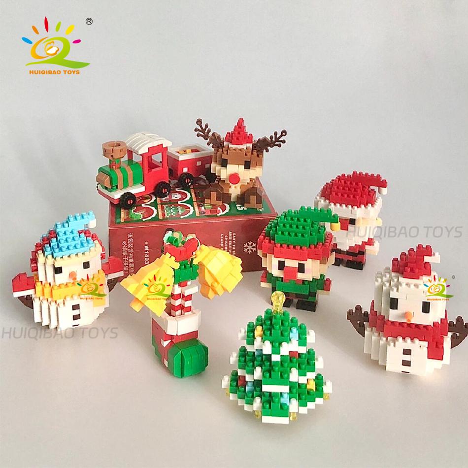 HUIQIBAO Mini Christmas Tree Santa Claus Children Train Model Micro Bricks Building Block Snowman Elk Bricks Toys New Year Gift