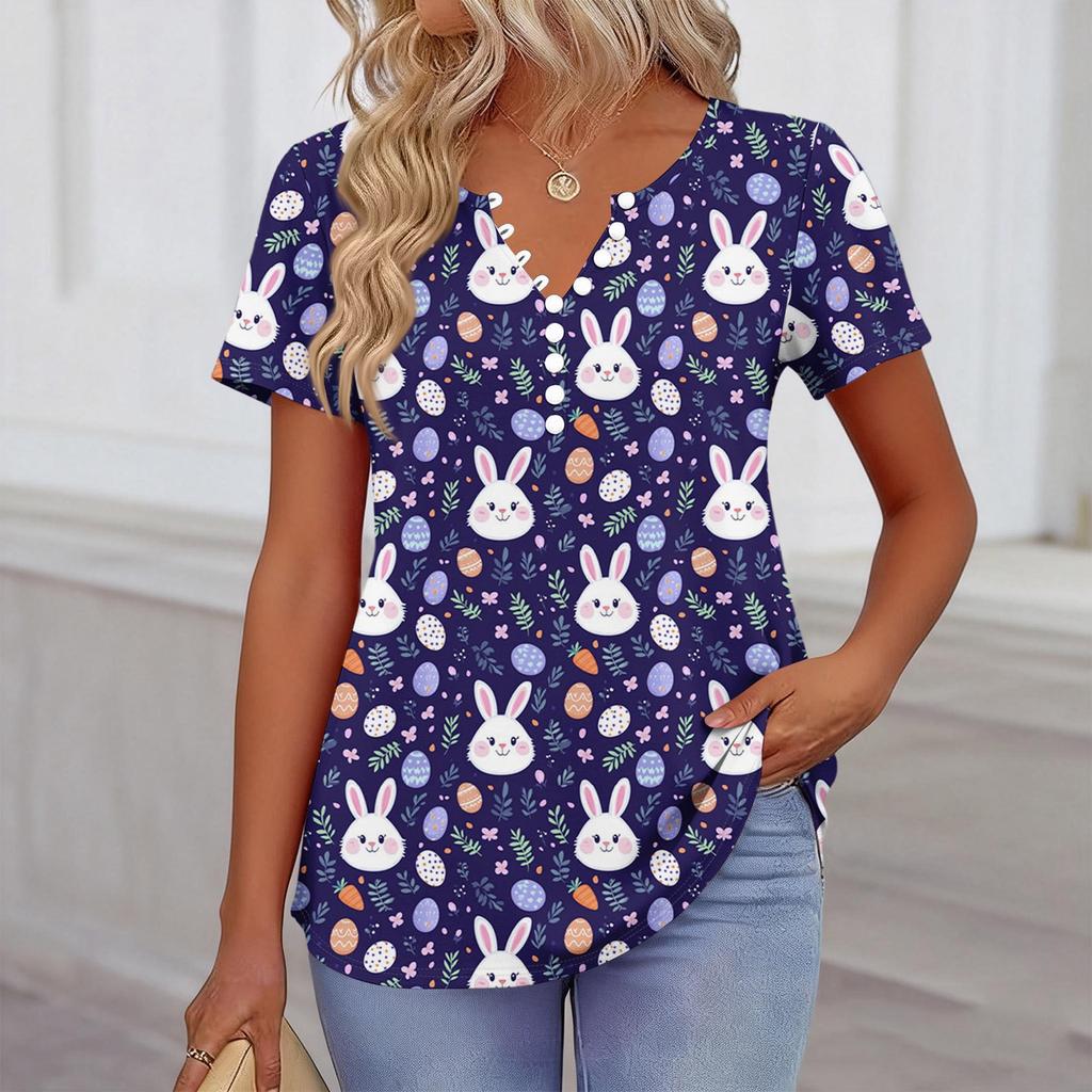Women’s Short Sleeve V Neck T Shirt with Bunny and Floral Print Casual Loose Fit Soft Comfortable Top for Daily Wear