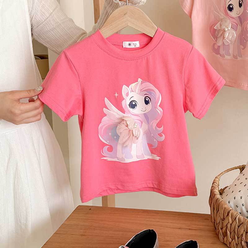 Girls' Casual Cotton Short-sleeved T-shirt, Summer Children's Cute Little Horse Printed T-shirt