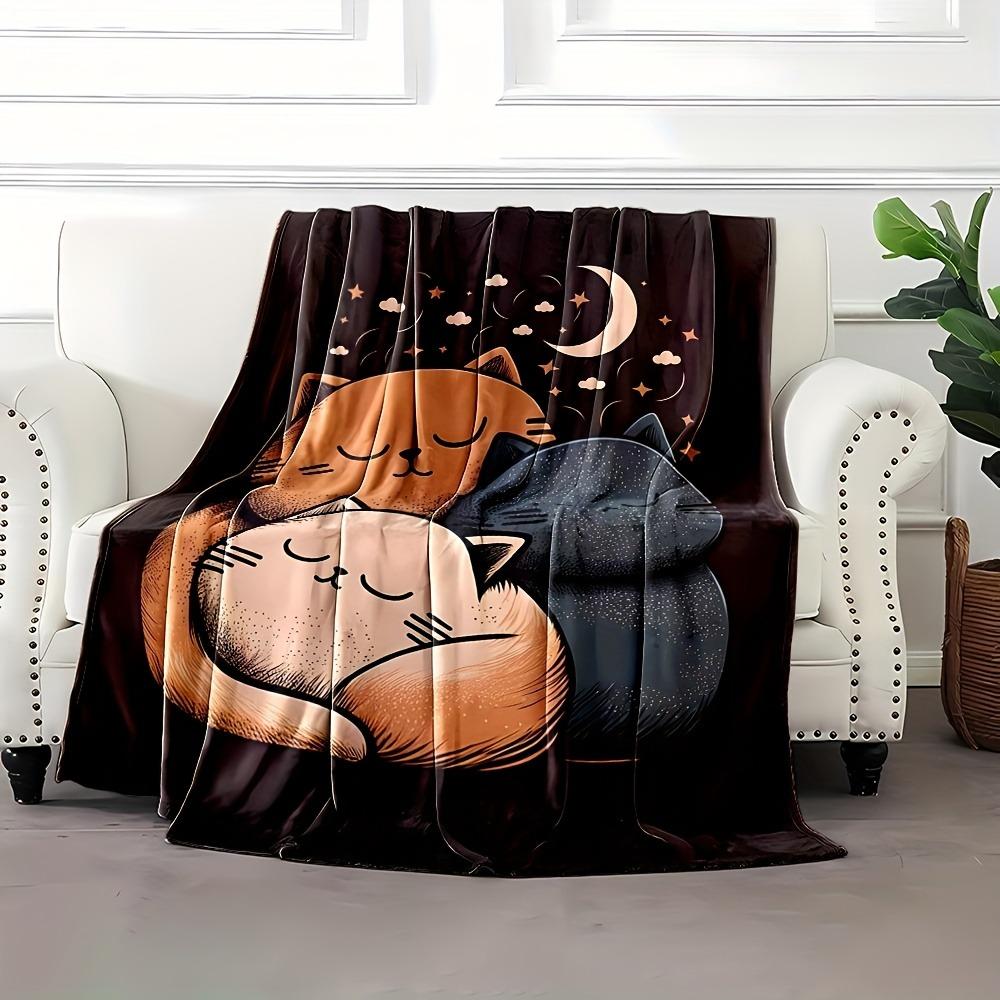 Cozy Good Night Cat Cartoon Flannel printed blanket suitable for all seasons suitable for living room office sofa and travel