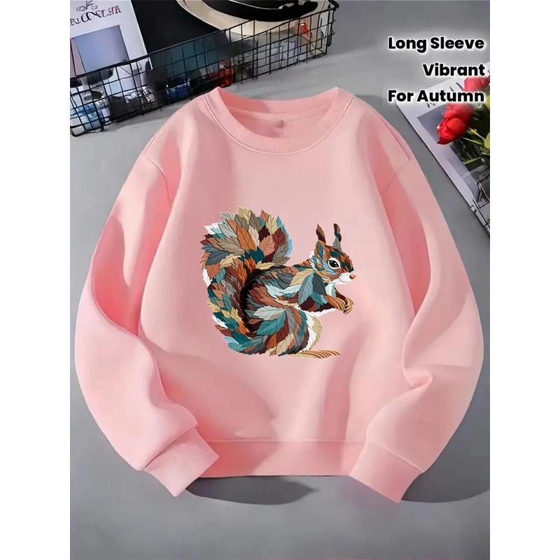 European Sizes Kids' Round-neck Hoodie - Leafy Squirrel Artistic Pattern Design , Sportswear And Casual Wear, Soft And Comfortable