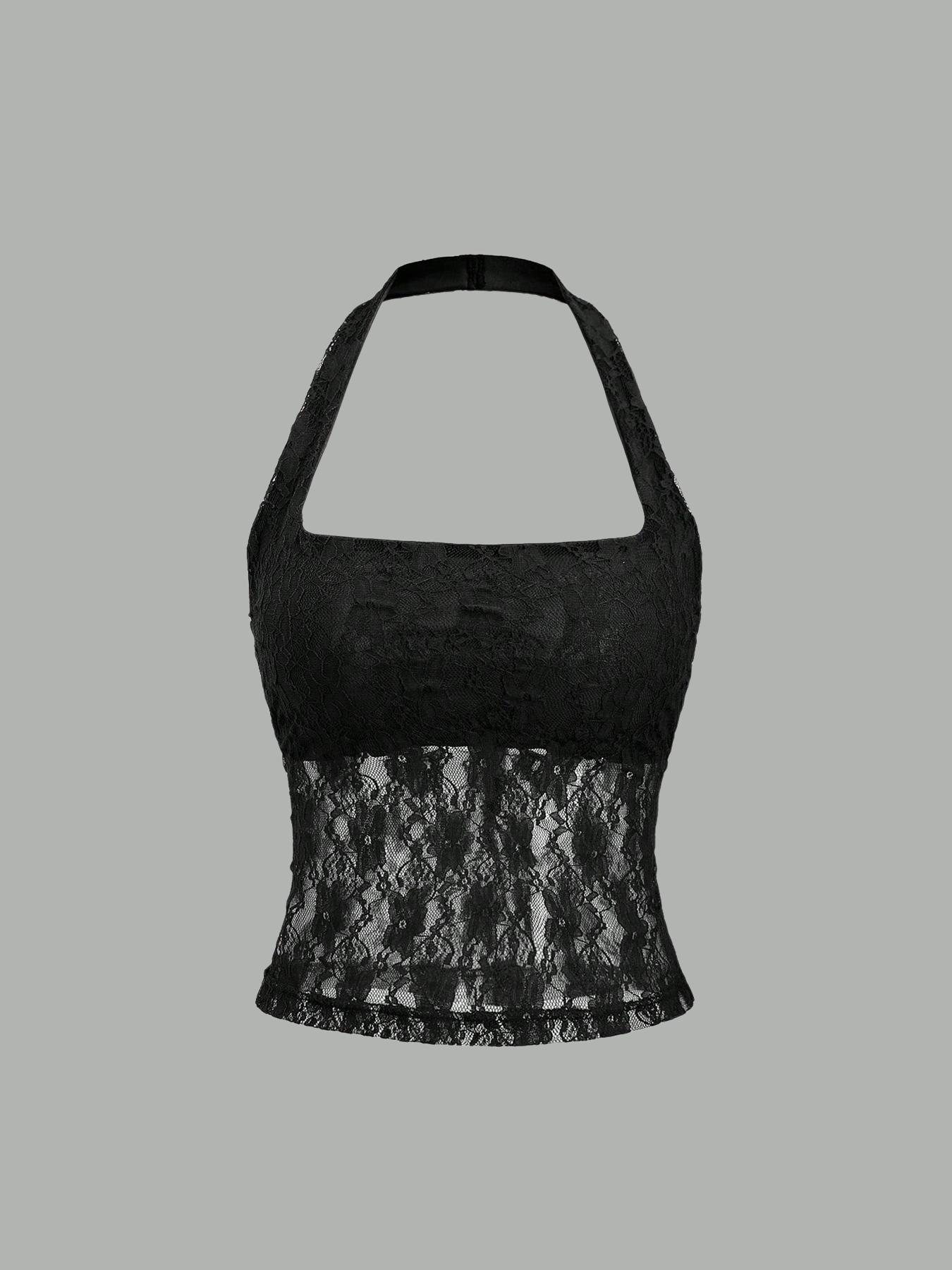 Женский кроп-топ-бюстье на бретельках в ретро-стиле (европейский и американский) с пэчворк-кружевом Small чёрный