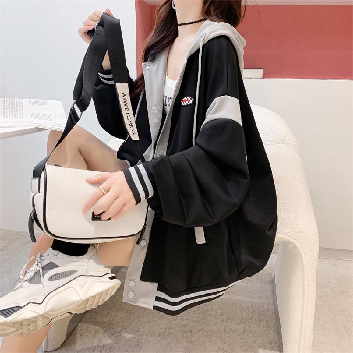 Women's Korean-Style Color Block Zipper Hoodie - Loose Fit, Spring/Autumn.