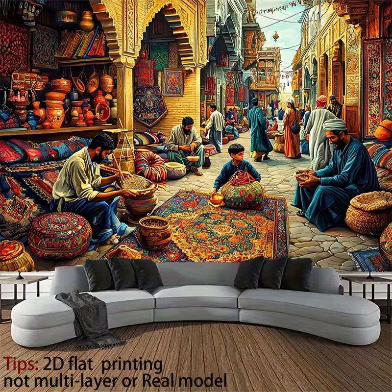 2D Detailed Oriental Market with Rugs, Pottery and Artisans Background