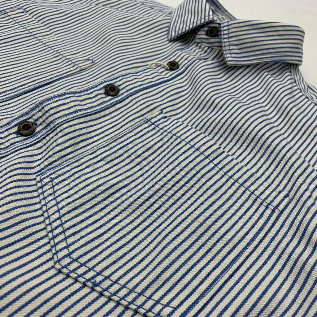 Unisex Retro Japanese Khaki Striped Long-Sleeve Shirt