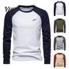 Long Sleeve Elastic Cuffs Top Men Raglan T-shirt O-Neck Patchwork Color Pullover Tops Loose Fit Breathable Casual Tees