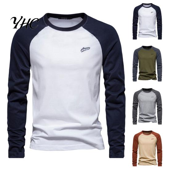 Long Sleeve Elastic Cuffs Top Men Raglan T-shirt O-Neck Patchwork Color Pullover Tops Loose Fit Breathable Casual Tees