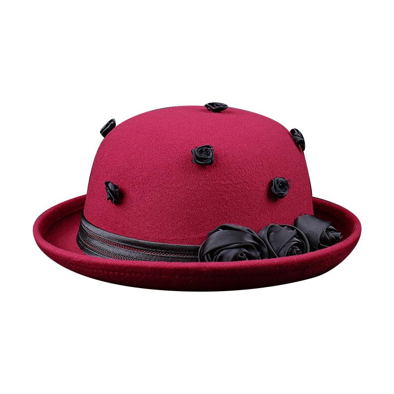 Dome crimped felt top hat rose decoration women's autumn and winter woolen warm basin hat short brim fashionable and versatile